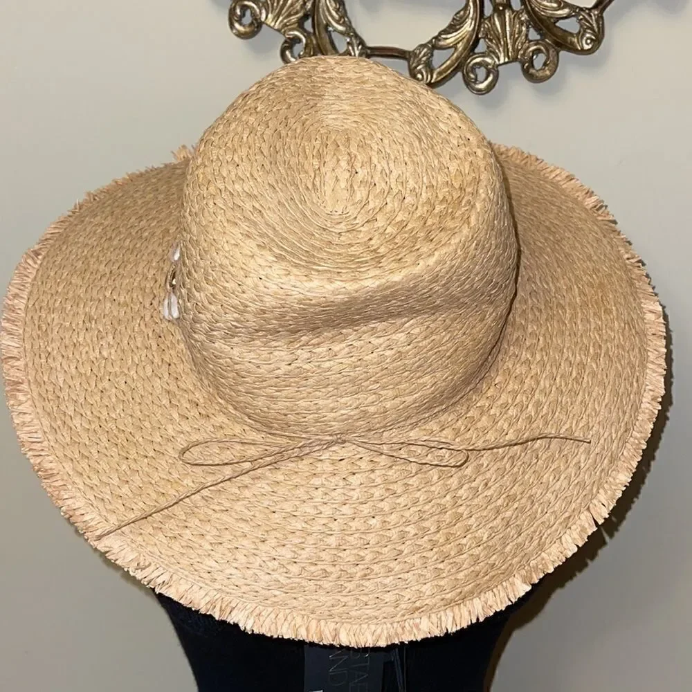 NWT INC Frayed-Edge Panama Hat With Shell Band